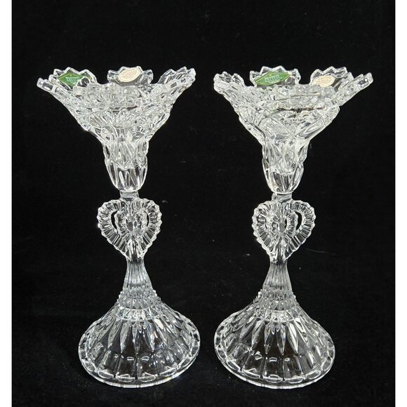 Shannon by Godinger 24% Lead Crystal Royal Crown Candlestick Pair-NEW - Picture 1 of 9